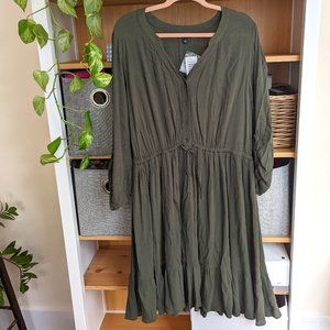 NWT Olive green gauzey dress w/elastic waist, button front, and ruffle bottom